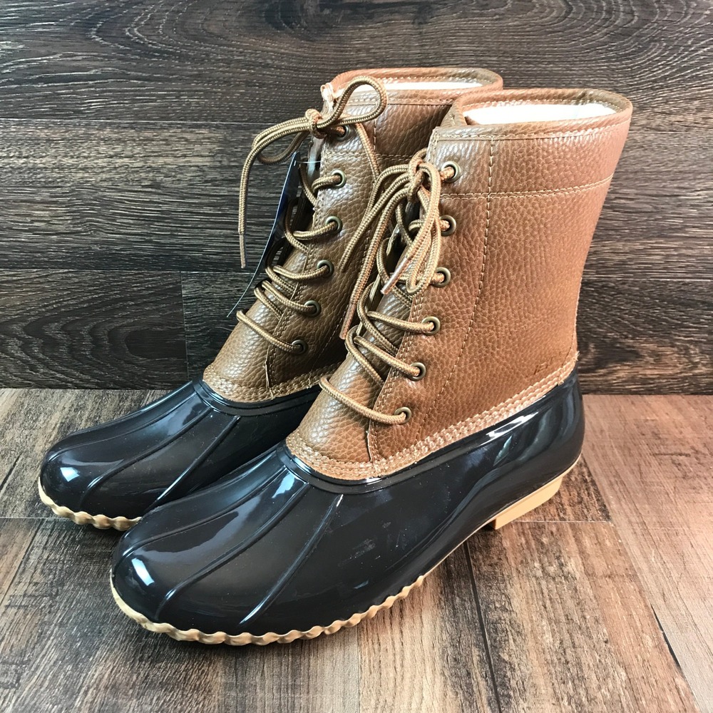 JBU Maplewood Waterproof Duck Boots Women 10M Black Tan Faux Fur Lined Gorpcore